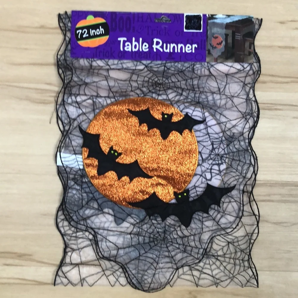 Halloween‎ Black Spider Web Pumpkin Bat Sheer Table Runner NWT